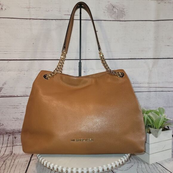 Michael Kors Jet Set Large Tan Genuine Soft Leather Shoulder Hobo Bag - Picture 1 of 16